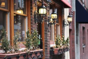 white lights on brick home