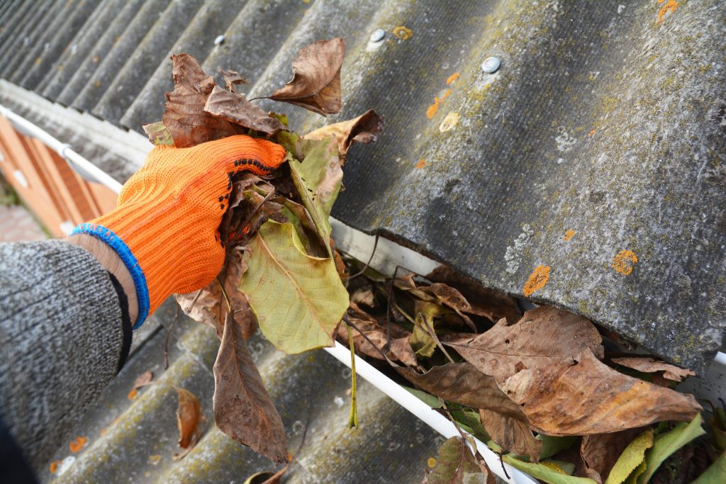 Person with gloves clearing leaves out of gutter